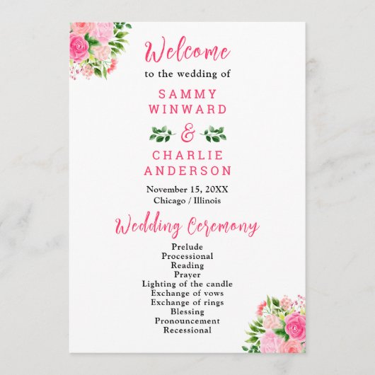 Pink Roses with Foliage Wedding Program Programmakaart (Voorkant)