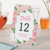 Pink Roses with Foliage Wedding Table Number Reclamebord Met Voetstuk (Insitu)