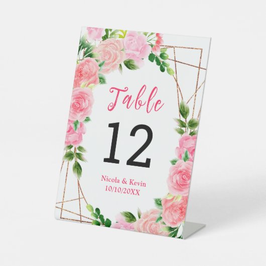 Pink Roses with Foliage Wedding Table Number Reclamebord Met Voetstuk (Voorkant)