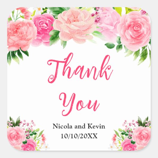 Pink Roses with Foliage Wedding Thank You Vierkante Sticker (Voorkant)