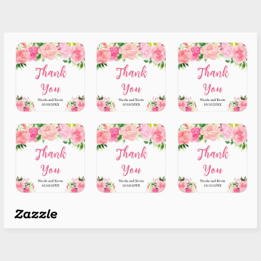 Pink Roses with Foliage Wedding Thank You Vierkante Sticker (Vel)