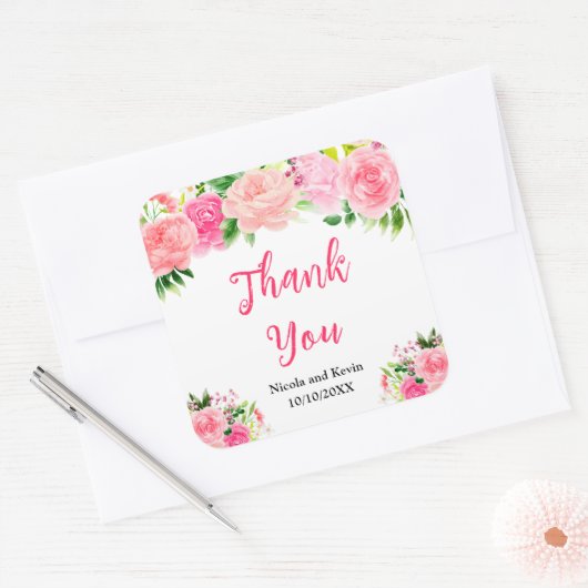 Pink Roses with Foliage Wedding Thank You Vierkante Sticker (Envelop)