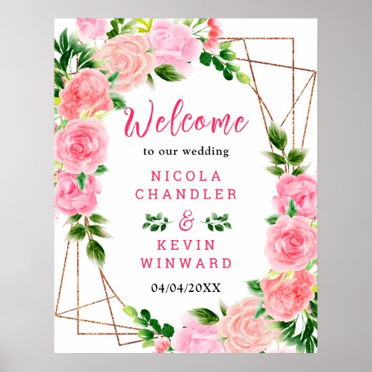 Pink Roses with Foliage Wedding Welcome Sign Poster (Voorkant)