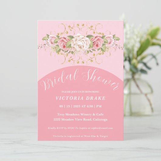 Pink Rose's with Gold Bridal Shower Invitation Kaart (Staand voorkant)