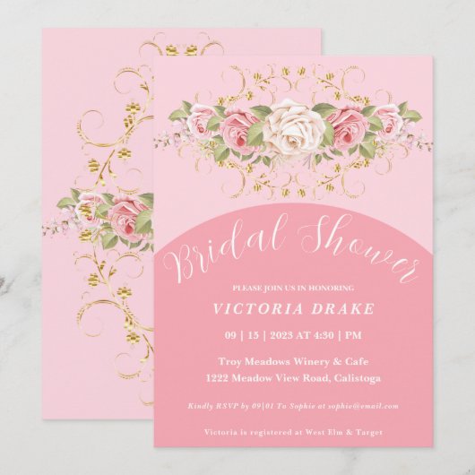 Pink Rose's with Gold Bridal Shower Invitation Kaart (Voorkant / Achterkant)