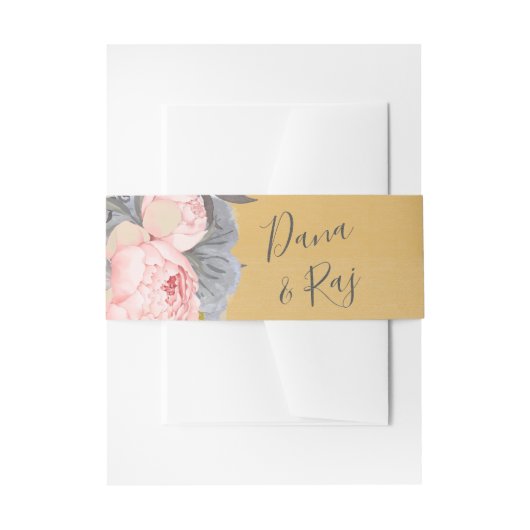 Pink Roses with Grey & Gold Wedding  Uitnodigingen Wikkel (Voorkant Voorbeeld)