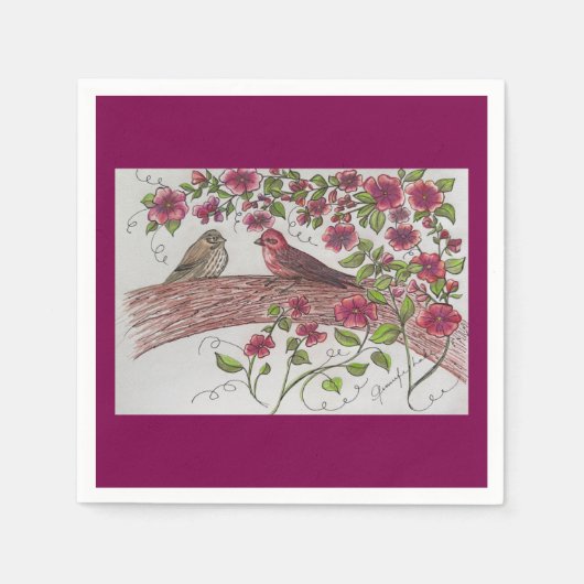 Pink Rosie Finches Napkins Servet (Voorkant)