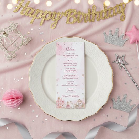 Pink Royal Princess Castle Unicorn 4th Birthday  Menu