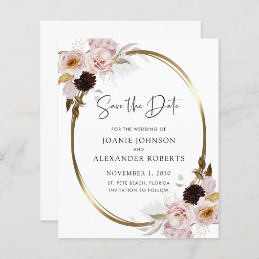 Pink roze rozen Gold Metallic sparen de datum (Voorkant / Achterkant)