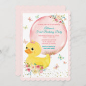 Pink RUBBER DUCK GIRL First Birthday Invitation Kaart (Voorkant / Achterkant)