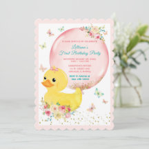 Pink RUBBER DUCK GIRL First Birthday Invitation