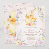 Pink RUBBER DUCK GIRL First Birthday Kaart (Voorkant / Achterkant)