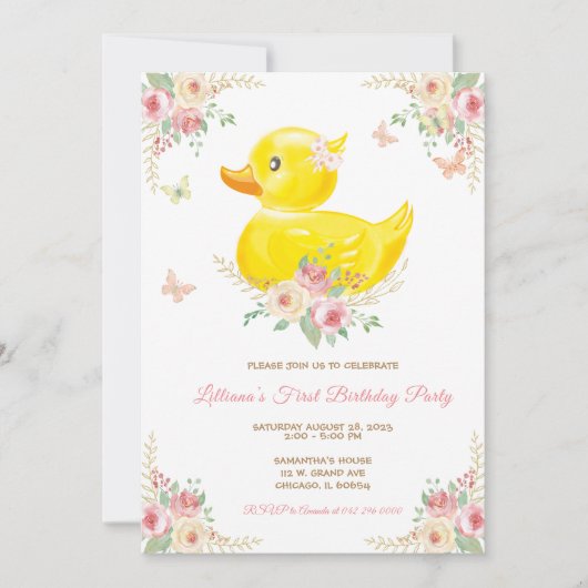 Pink RUBBER DUCK GIRL First Birthday Kaart (Voorkant)