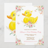 Pink RUBBER DUCK GIRL First Birthday Kaart (Voorkant / Achterkant)