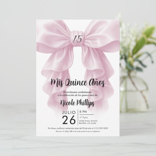 Pink Ruffle Cascade Bow Elegant Quinceañera Party Kaart (Staand voorkant)