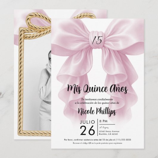 Pink Ruffle Cascade Bow Elegant Quinceañera Party Kaart (Voorkant / Achterkant)