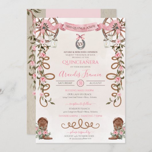 Pink Rustic Boho Western Charra Quinceanera Kaart (Voorkant / Achterkant)