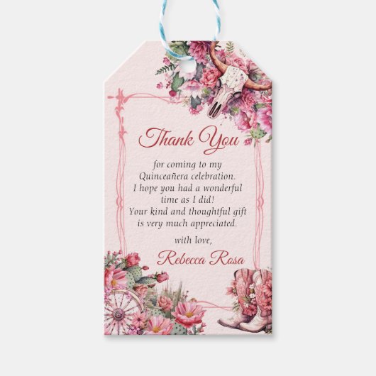 Pink Rustic Boho Western Charra Theme Quinceanera Cadeaulabel (Voorkant)