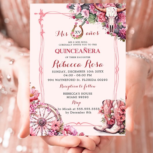 Pink Rustic Boho Western Charra Theme Quinceanera Kaart