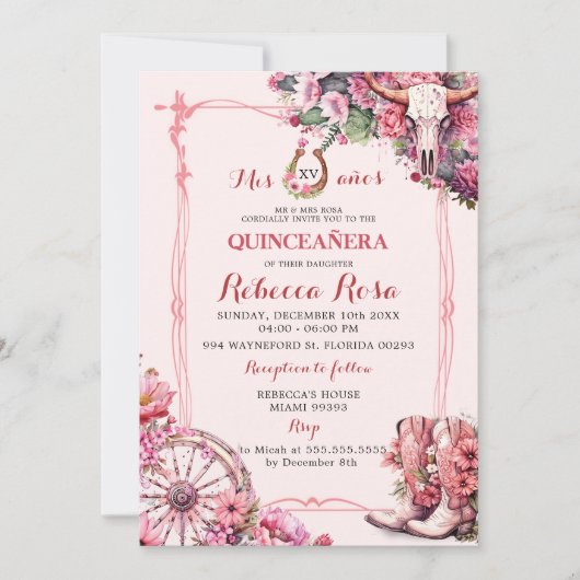 Pink Rustic Boho Western Charra Theme Quinceanera Kaart (Voorkant)