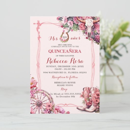 Pink Rustic Boho Western Charra Theme Quinceanera Kaart (Staand voorkant)