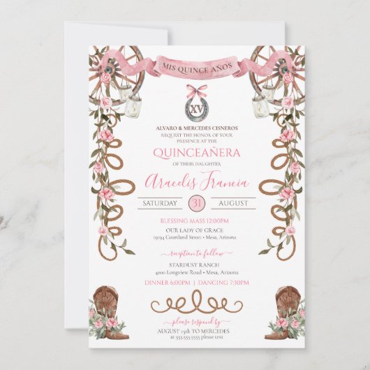 Pink Rustic Boho Western Charra Theme Quinceanera Kaart (Voorkant)