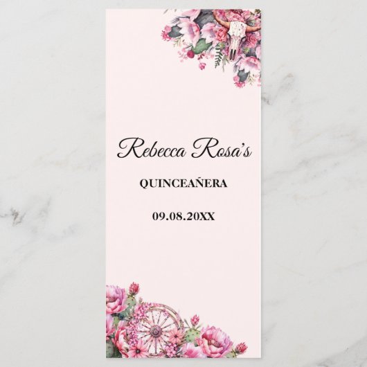 Pink Rustic Boho Western Charra Theme Quinceanera Menu (Achterkant)