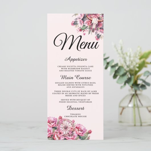 Pink Rustic Boho Western Charra Theme Quinceanera Menu (Staand voorkant)