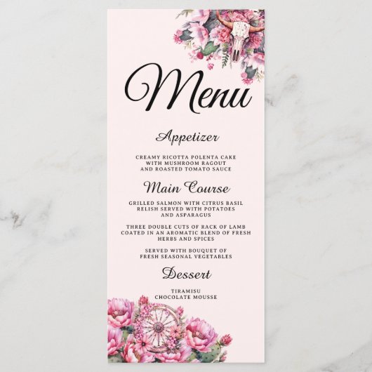 Pink Rustic Boho Western Charra Theme Quinceanera Menu (Voorkant)