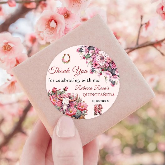 Pink Rustic Boho Western Charra Theme Quinceanera Ronde Sticker