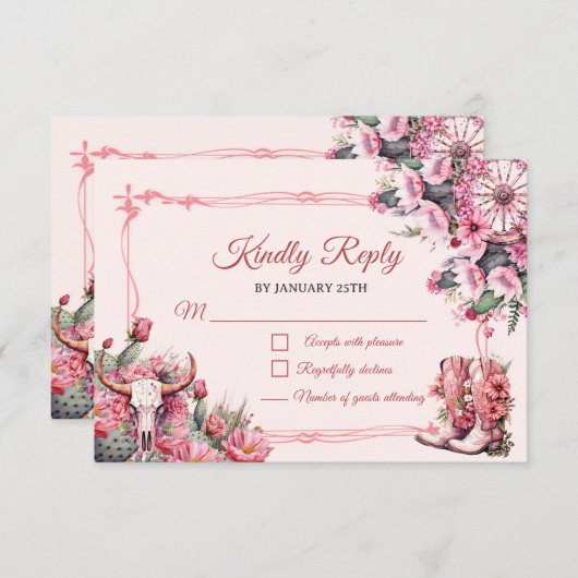 Pink Rustic Boho Western Charra Theme Quinceanera RSVP Kaartje (Voorkant / Achterkant)