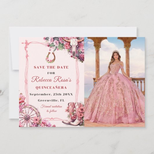 Pink Rustic Boho Western Charra Theme Quinceanera Save The Date (Voorkant)
