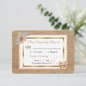 PInk Rustic Burlap Floral Wedding RSVP-kaart RSVP Kaartje (Staand voorkant)