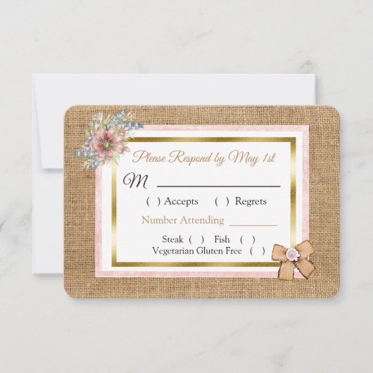 PInk Rustic Burlap Floral Wedding RSVP-kaart RSVP Kaartje (Voorkant)