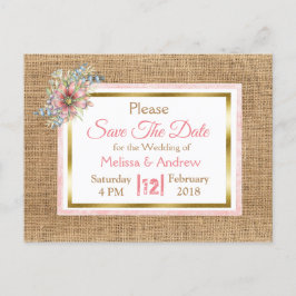PInk Rustic Burlap Floral Wedding Save the Date Aankondigingskaart