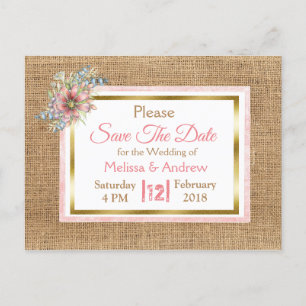 PInk Rustic Burlap Floral Wedding Save the Date Aankondigingskaart