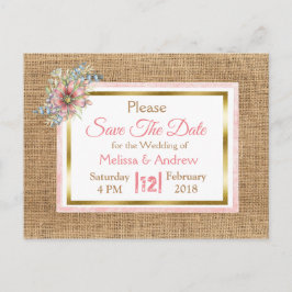 PInk Rustic Burlap Floral Wedding Save the Date Aankondigingskaart
