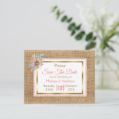 PInk Rustic Burlap Floral Wedding Save the Date Aankondigingskaart (Staand voorkant)