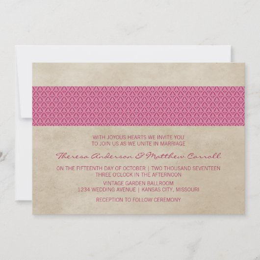Pink Rustic Damask Wedding Invite Kaart (Voorkant)