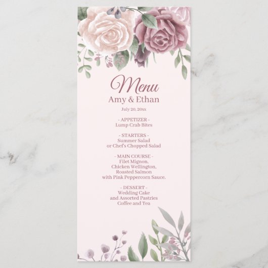 Pink Rustic Dusty Roos Waterverf Flowers Weddensch Menu (Voorkant)