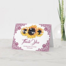 Pink Rustic Floral Lace Sunflower Wedding Bedankkaart