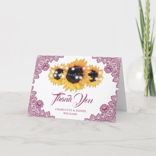 Pink Rustic Floral Lace Sunflower Wedding Bedankkaart (Voorkant)