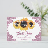 Pink Rustic Floral Lace Sunflower Wedding Bedankkaart (Staand voorkant)