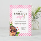 Pink Rustic Gingham Barbecue Baby Shower Kaart (Staand voorkant)