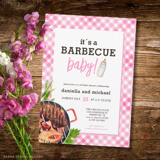 Pink Rustic Gingham Barbecue Baby Shower Kaart