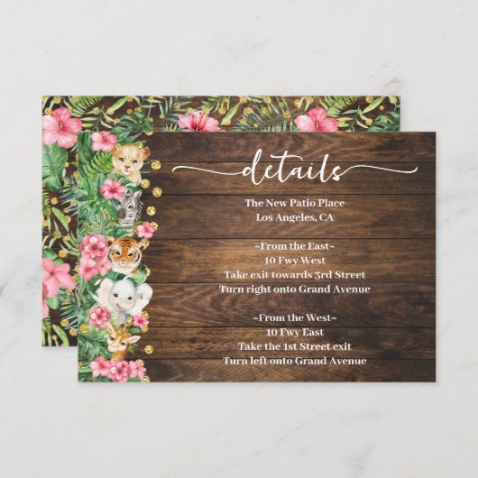 Pink Rustic Wild Safari Animals Baby Shower Detail Informatiekaartje (Voorkant / Achterkant)
