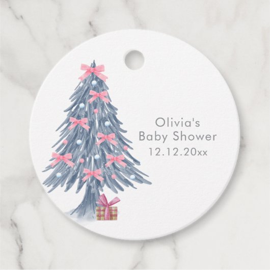 Pink Rustic Winter Bow Christmas Tree Baby Shower Bedankjes Labels (Voorkant)