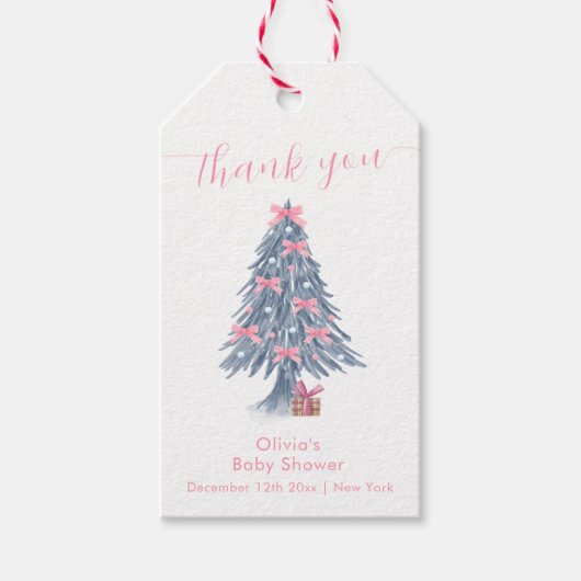Pink Rustic Winter Bow Christmas Tree Baby Shower  Cadeaulabel (Voorkant)