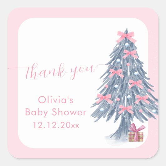Pink rustic Winter Bow Christmas Tree Baby Shower  Vierkante Sticker (Voorkant)