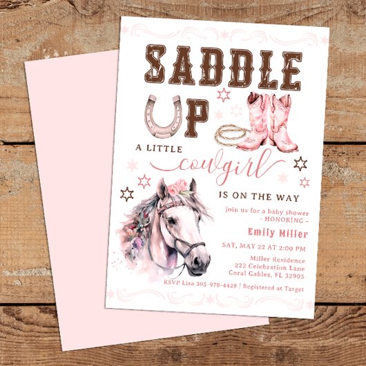 Pink Saddle Up Cowgirl Baby shower Uitnodigen Kaart